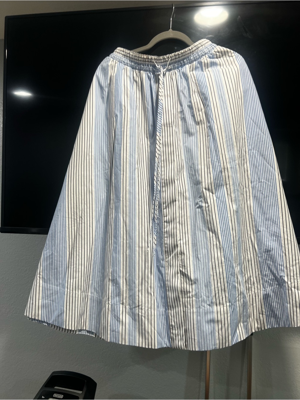 Striped Blue & White Midi Skirt with Elastic Waist